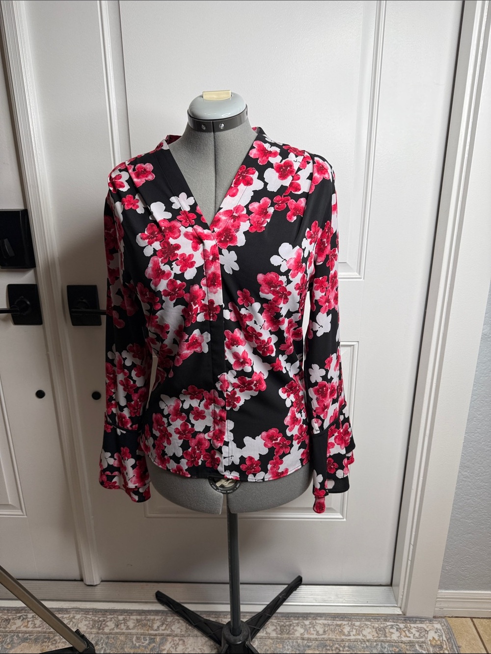 Calvin Klein Black V-Neck Blouse with Pink & White Floral